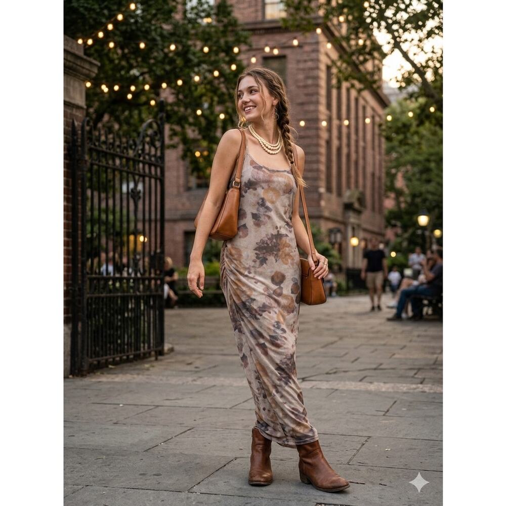 Abstract Floral Mesh Ruched Maxi Dress Whimsigoth Y2K Boho